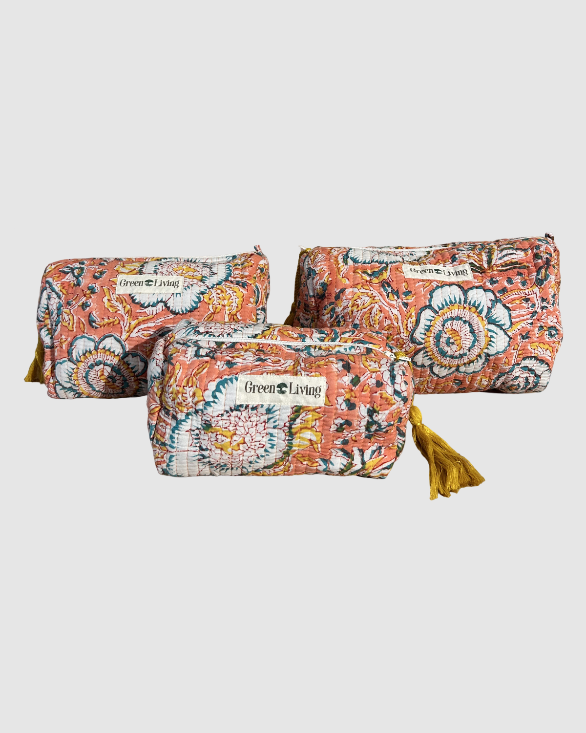 Fersken/hvid blomstret toilettaske i bomuld med håndtrykt blokprint, fire rum og lynlås – håndlavet på socialøkonomisk værksted i Kashmir