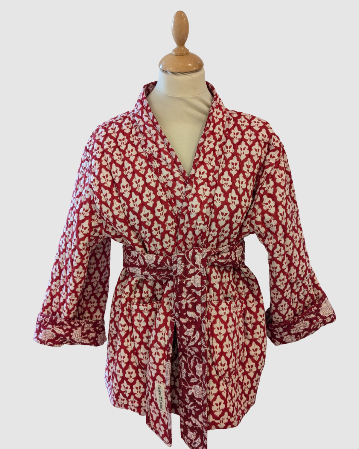 Håndlavet vendbar jakke i 100% bomuld – blokprintet med naturfarver i rød/hvid blomstret bæredygtigt fremstillet i Indien.