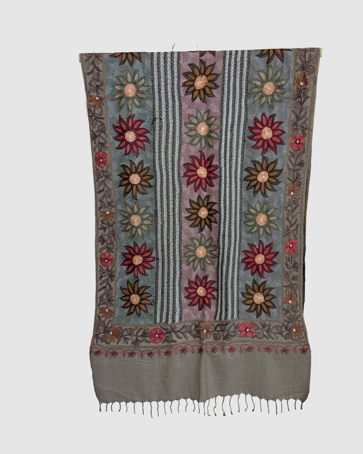 Luksuriøst håndvævede kashmir tørklæde - vendbart- blomstret grå