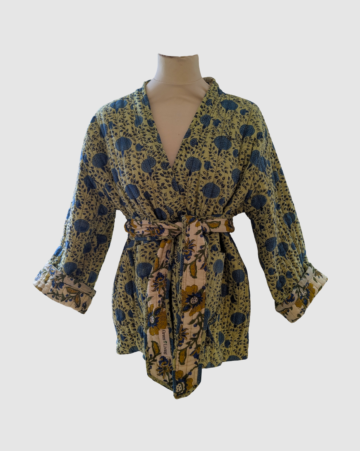 Håndlavet vendbar jakke i 100% bomuld – blokprintet med naturfarver i lysegrøn/blå blmstret, bæredygtigt fremstillet i Indien.