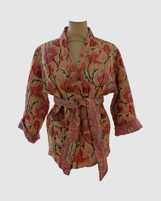 Håndlavet vendbar jakke i 100% bomuld – blokprintet med naturfarver i rosa/lyserød blomstret, bæredygtigt fremstillet i Indien.