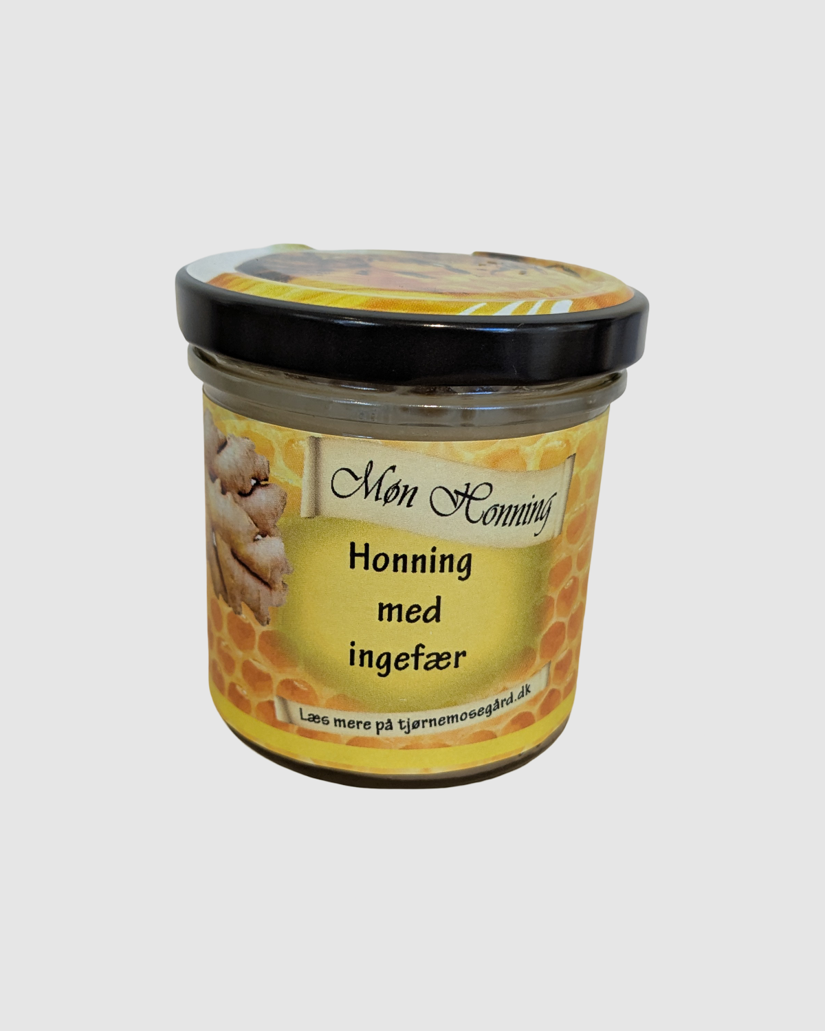 Honning med ingefær fra Møn i glasbeholder – 100% naturlig, koldslynget og bæredygtig dansk honning
