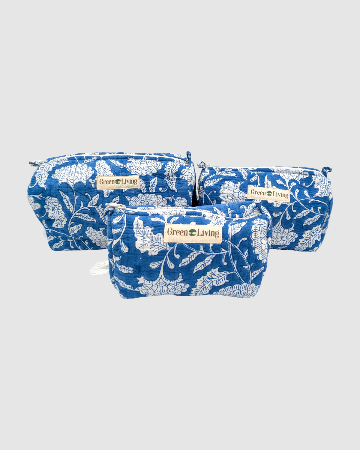toilettaske blå med hvide blomster, 100 % bomuld. vaskbar