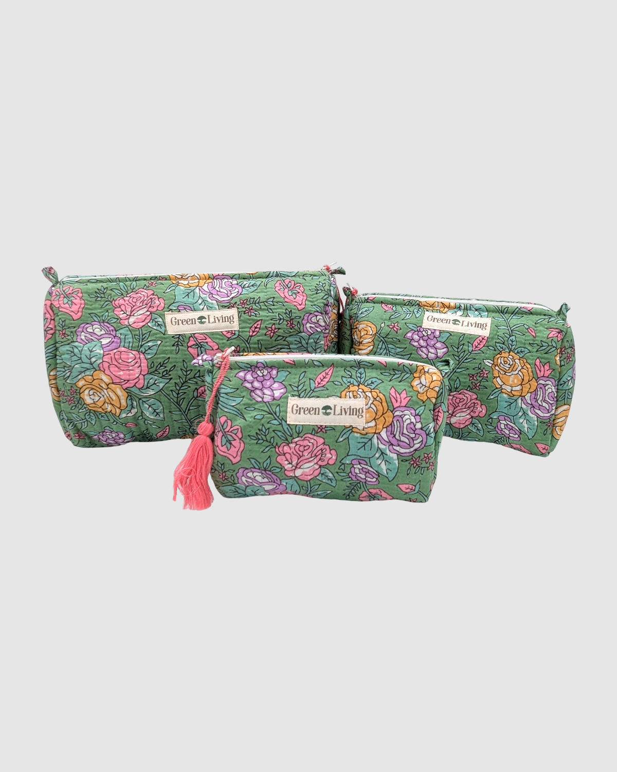 Håndsyet toilettaske med plantebaseret blokprint - grøn og rosa blomstret