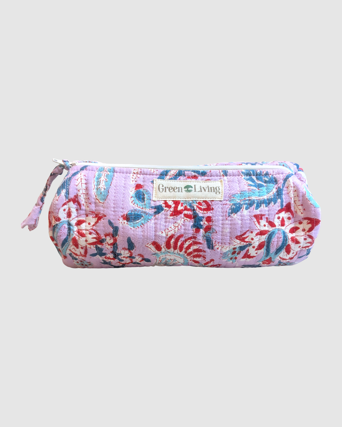 Håndlavet penalhus i kantha bomuld med blokprint - rosa/blå blomstret