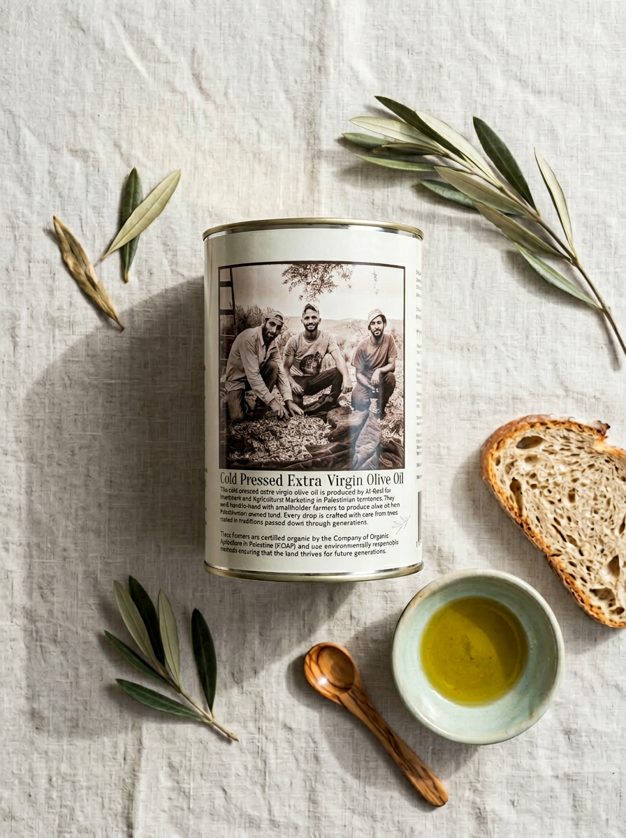 Økologisk ekstra jomfru olivenolie fra Palæstina. Produceret af lokale kooperativer på Vestbredden.