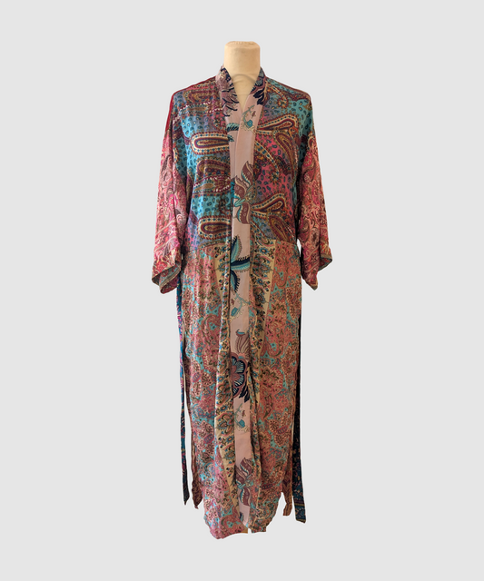 Lang silke kimono håndlavet i Indien - Hiana