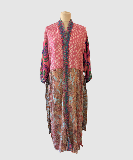 Lang silke kimono håndlavet i Indien - Mei
