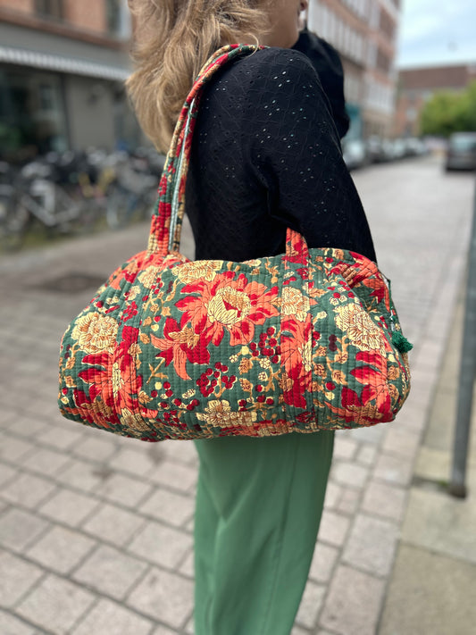 Weekendtaske i bomuld - mørkegrøn blomstret