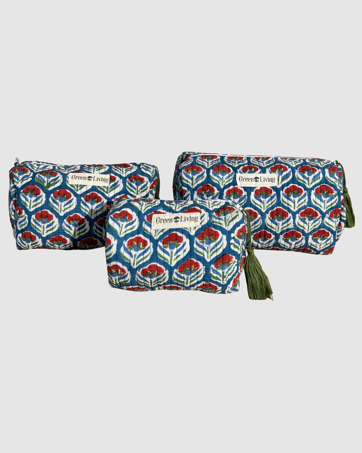 Blå/rød blomstret toilettaske i bomuld med håndtrykt blokprint, fire rum og lynlås – håndlavet på socialøkonomisk værksted i Kashmir