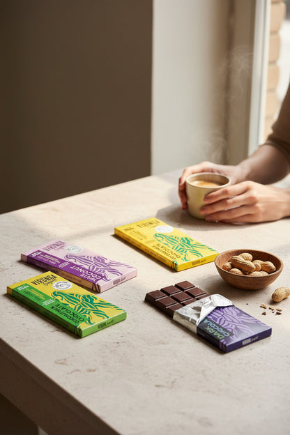 Afrikansk smagekasse – håndlavet chokolade & fairtrade snacks