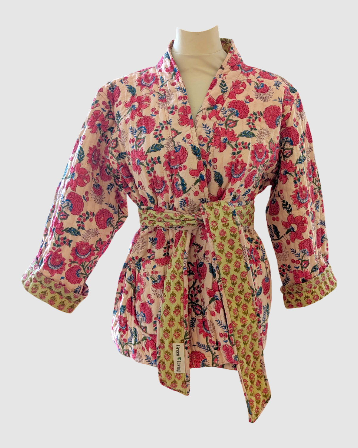 Vendbar jakke i 100% bomuld – fuchsia/nude blomstret og lysegrøn/pink blomstret – håndlavet & bæredygtig