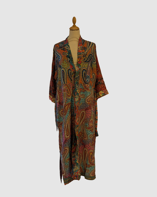 Lang silke kimono i blomstret multifarvet- Håndlavet i Indien - Liv