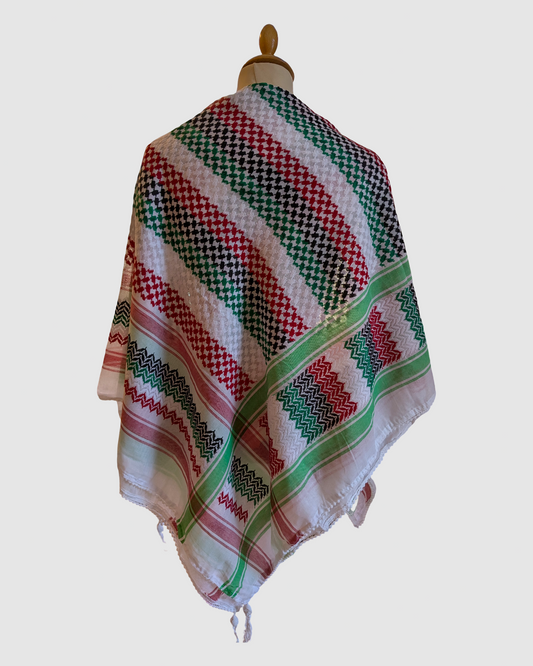 Hvid/rød/grøn Palæstinensisk kufiya tørklæde – autentisk fra Amman