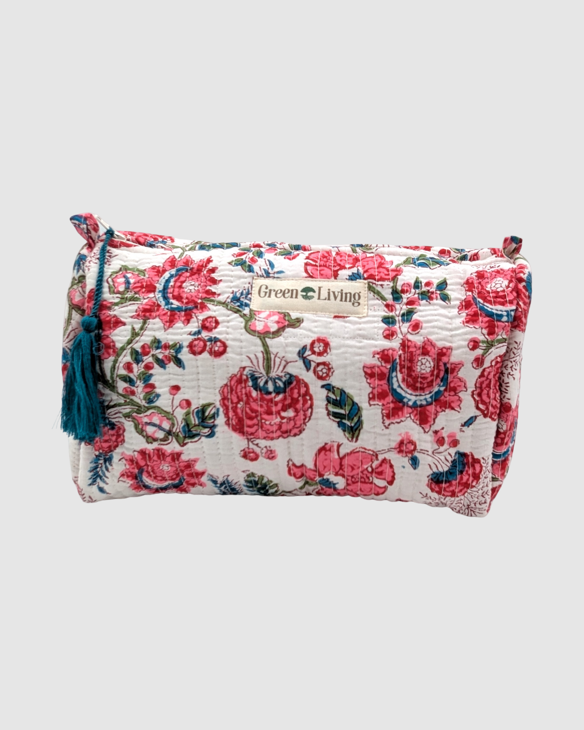 Håndsyet toilettaske med plantebaseret blokprint - hvid med pink blomster
