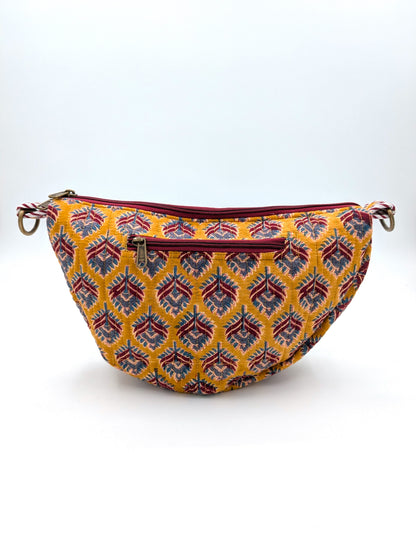 Crossbody taske i håndlavet blokprint fra Indien - sennepsgul