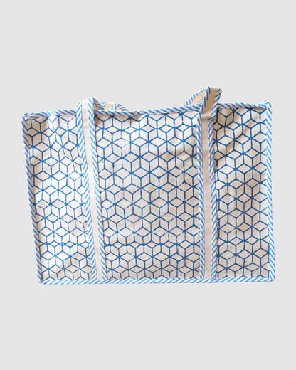 Canvas shopper taske med blå håndmalet blomst