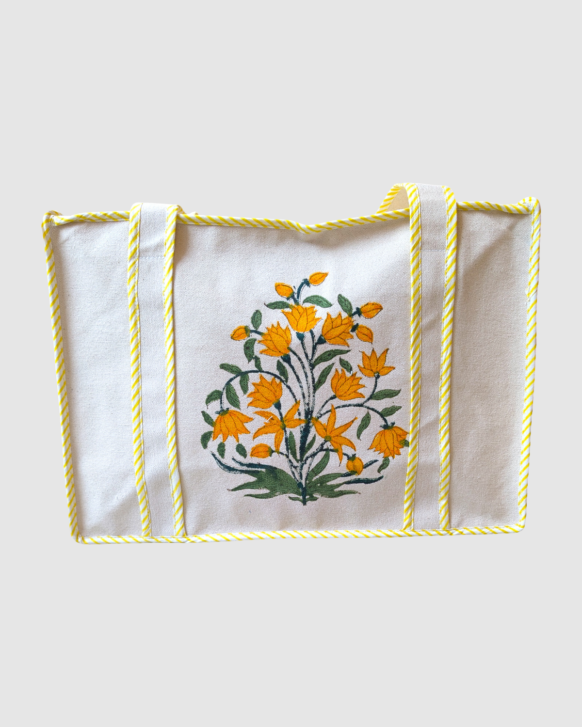 Canvas shopper taske med gul håndmalet blomst