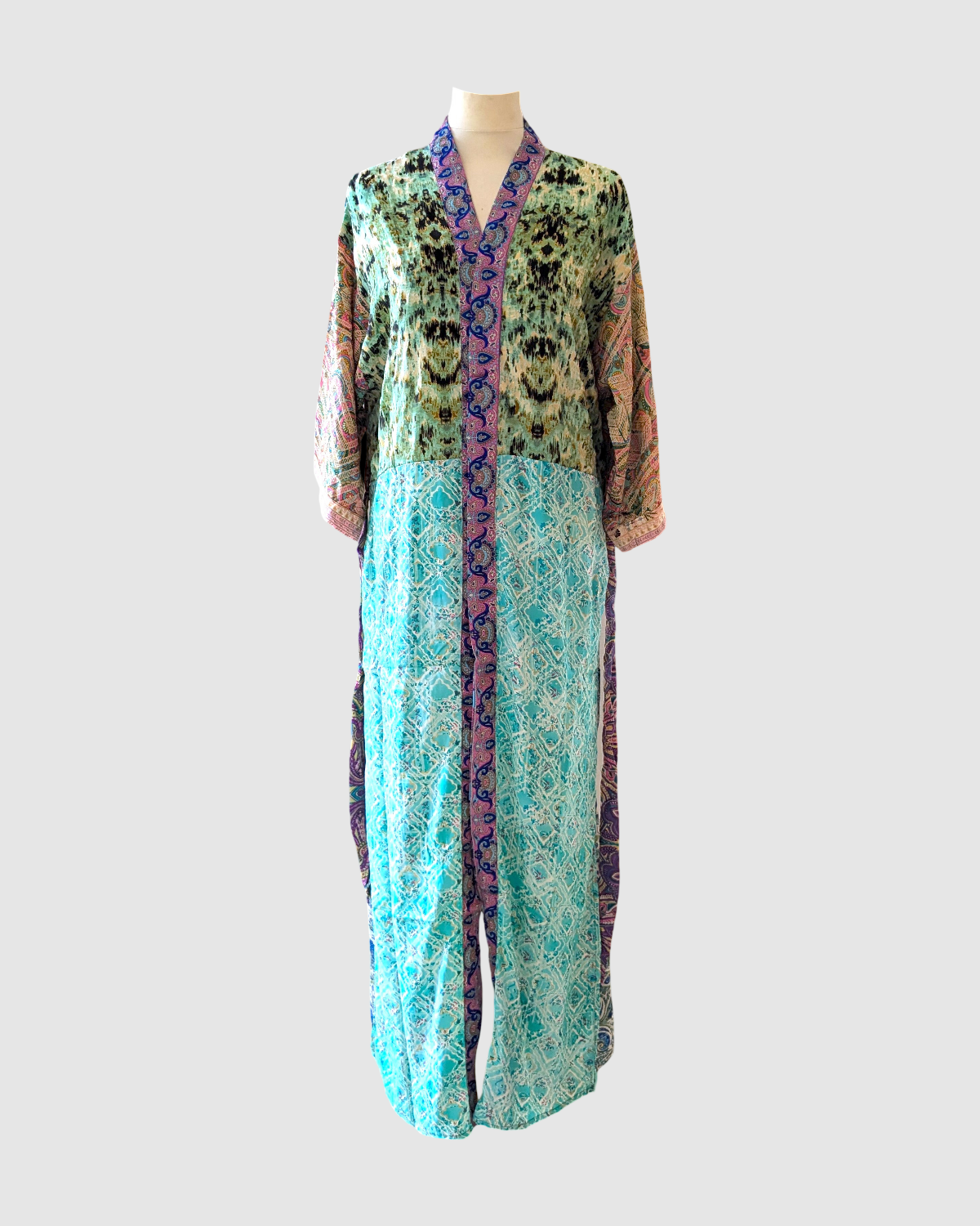 Lang silke kimono håndlavet i Indien - Jade