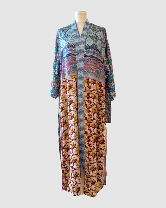 Lang silke kimono håndlavet i Indien - Inge