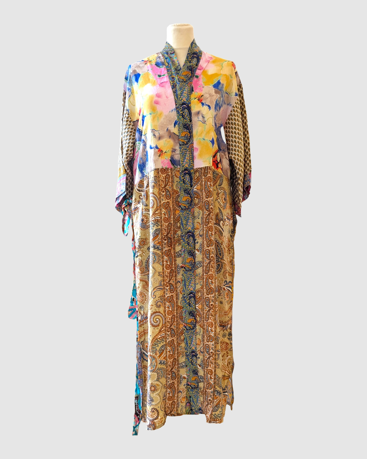 Lang silke kimono håndlavet i Indien - Gry