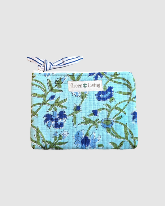 Mellem håndlavet pung i kantha bomuld med blokprint - Mint