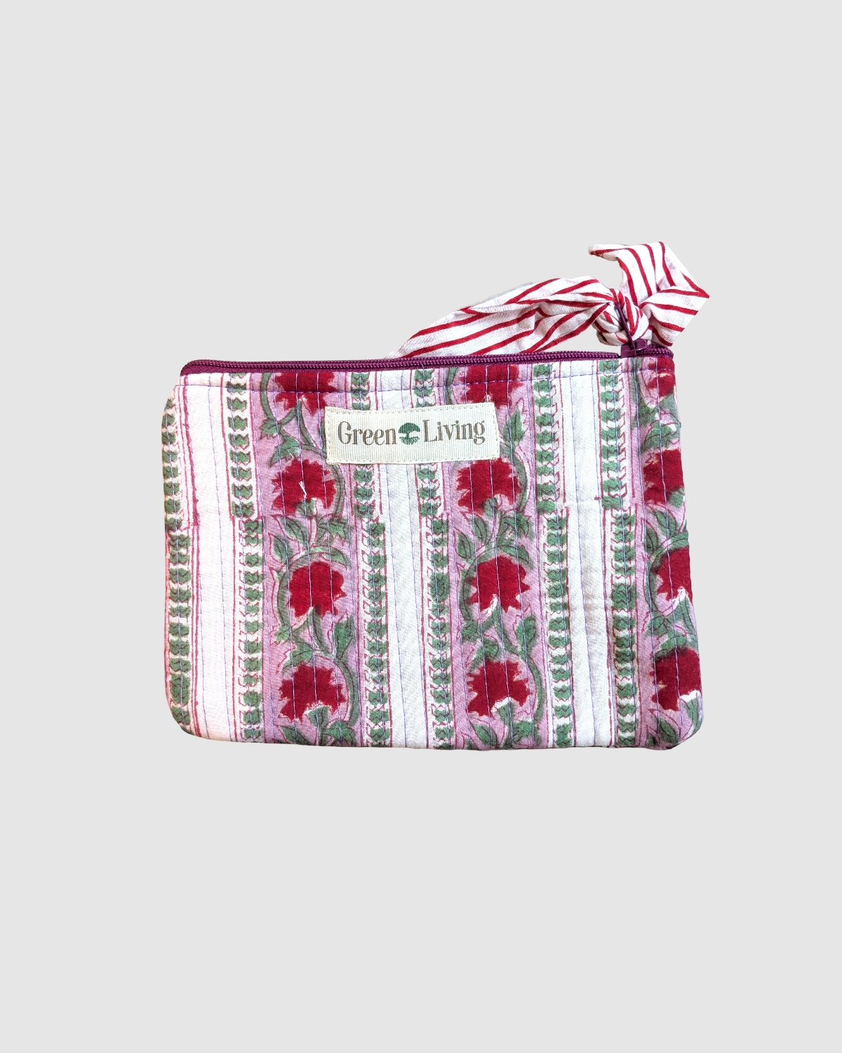 Mellem håndlavet pung i kantha bomuld med blokprint - Hvide/rosa blomstret