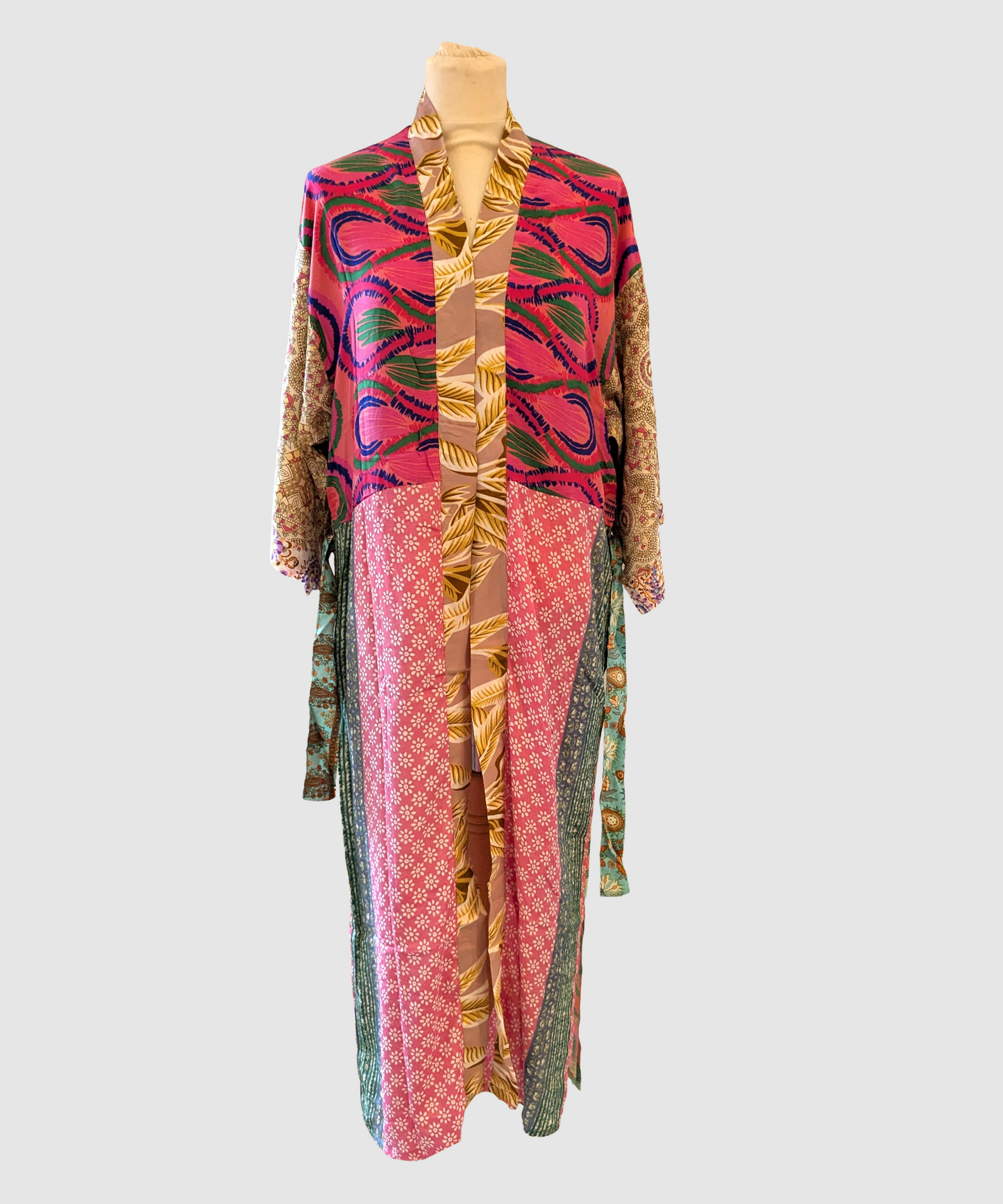 Lang silke kimono håndlavet i Indien - Gry