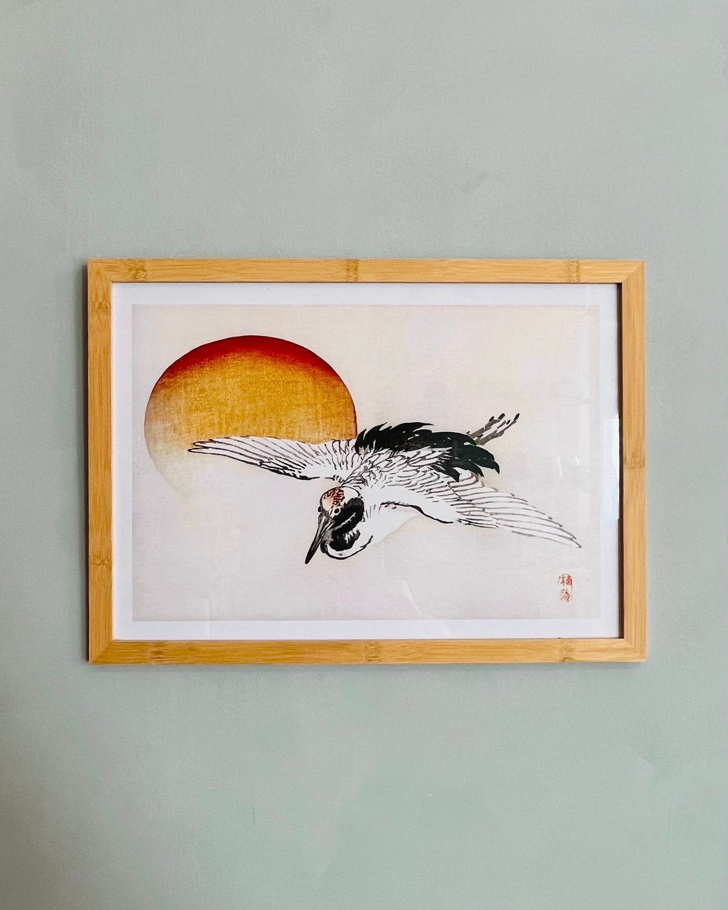 VINTAGE JAPANSK TRANE UNDER SOLNEDGANG PLAKAT